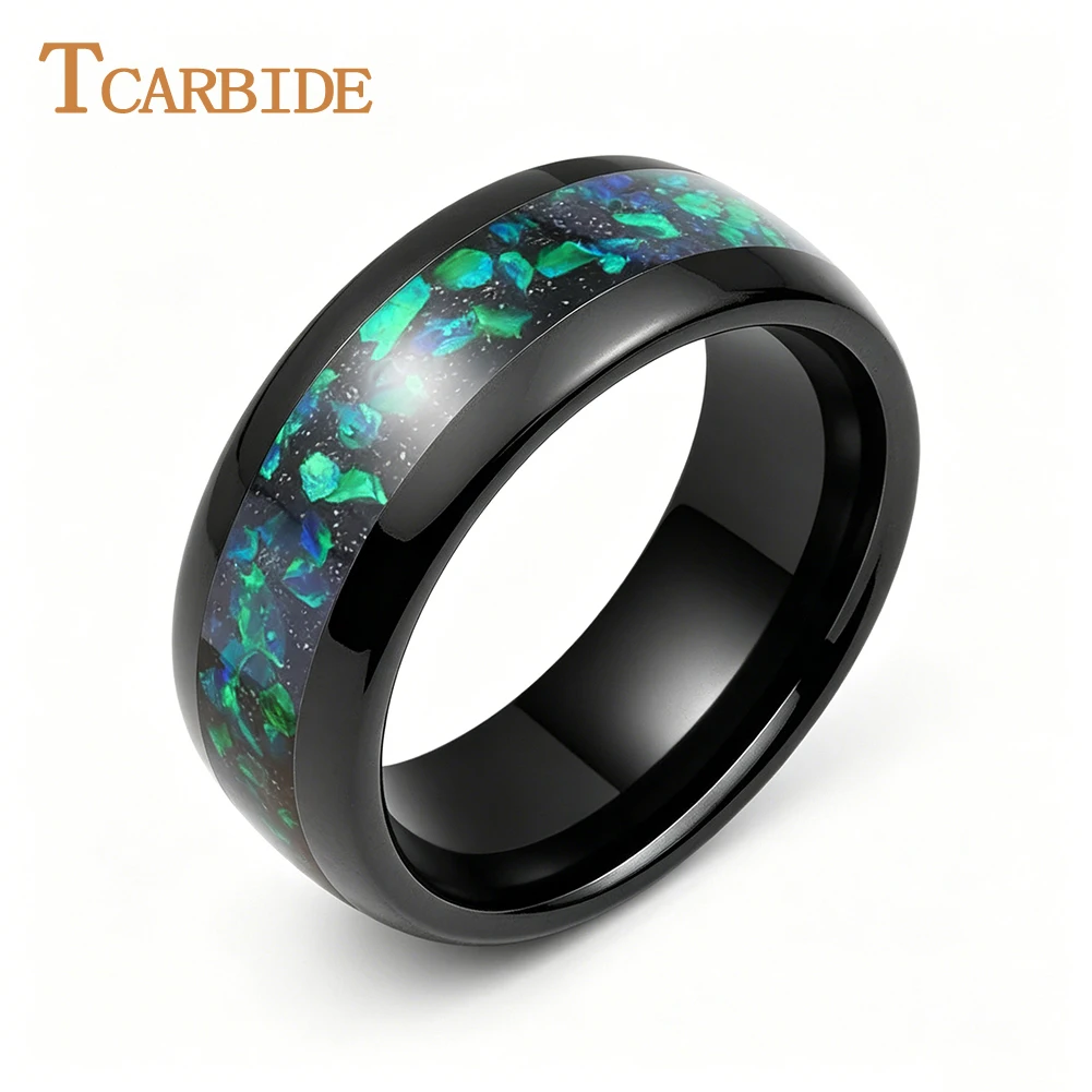 tcarbide-4-6-8mm-ブラックタングステンリング-オパールインレイ付き-男性用-女性用-ドーム型-ポリッシュ仕上げ-婚約-結婚式-コンフォートフィット