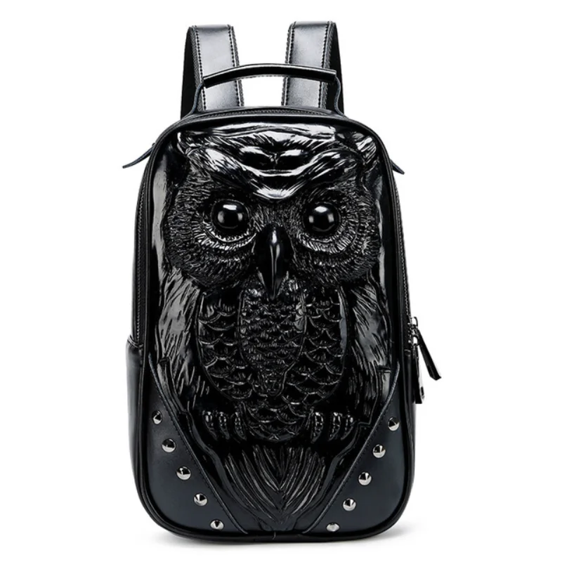 Mochila moderna para ordenador portátil, bolso escolar con remaches Punk de cuero Pu, animal en relieve 3D, búho, monedero para niñas adolescentes