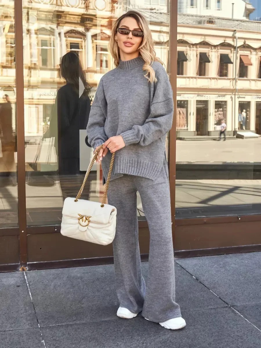 Outfit Casual Dicke Warme Stricken Anzug Herbst Winter Gestrickte Rollkragenpullover Set Frauen Lose Langarm Hosen 2 stück