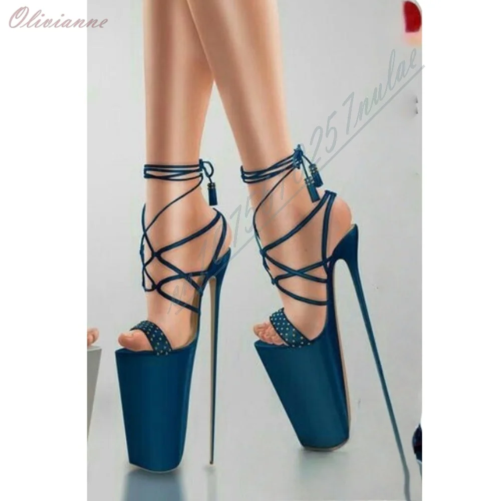 

Deep Blue Hollow Design Open Toe Dance Sandals Strappy Lace-up Stiletto High Heel Fashion Summer Shoes for Women Hot Girls
