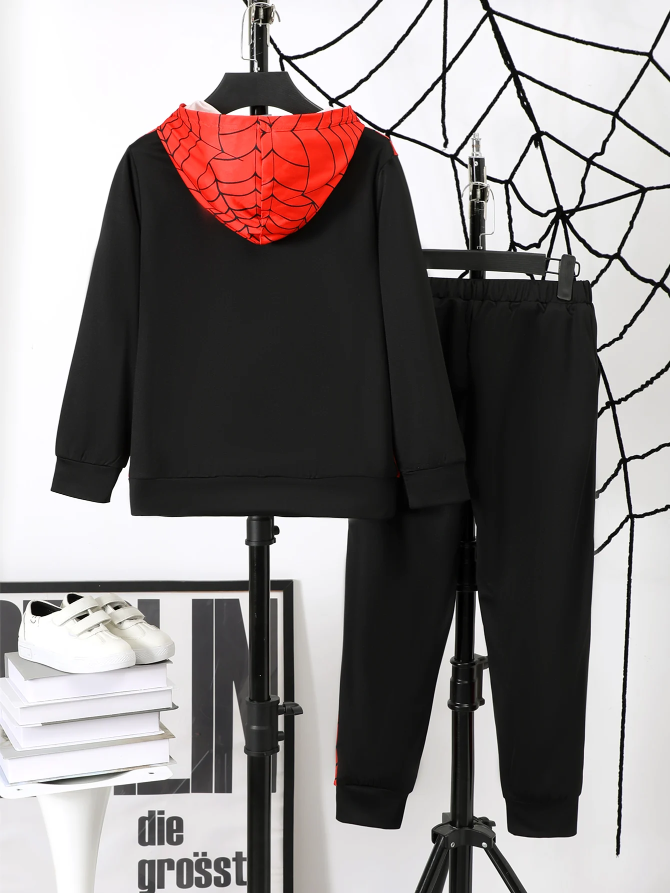 Two-Piece Boys Fashion Long Sleeve Pants Set Spider Print round Neck Hoodie Cuffed Trousers Autumn Winter Sports Casual Wear