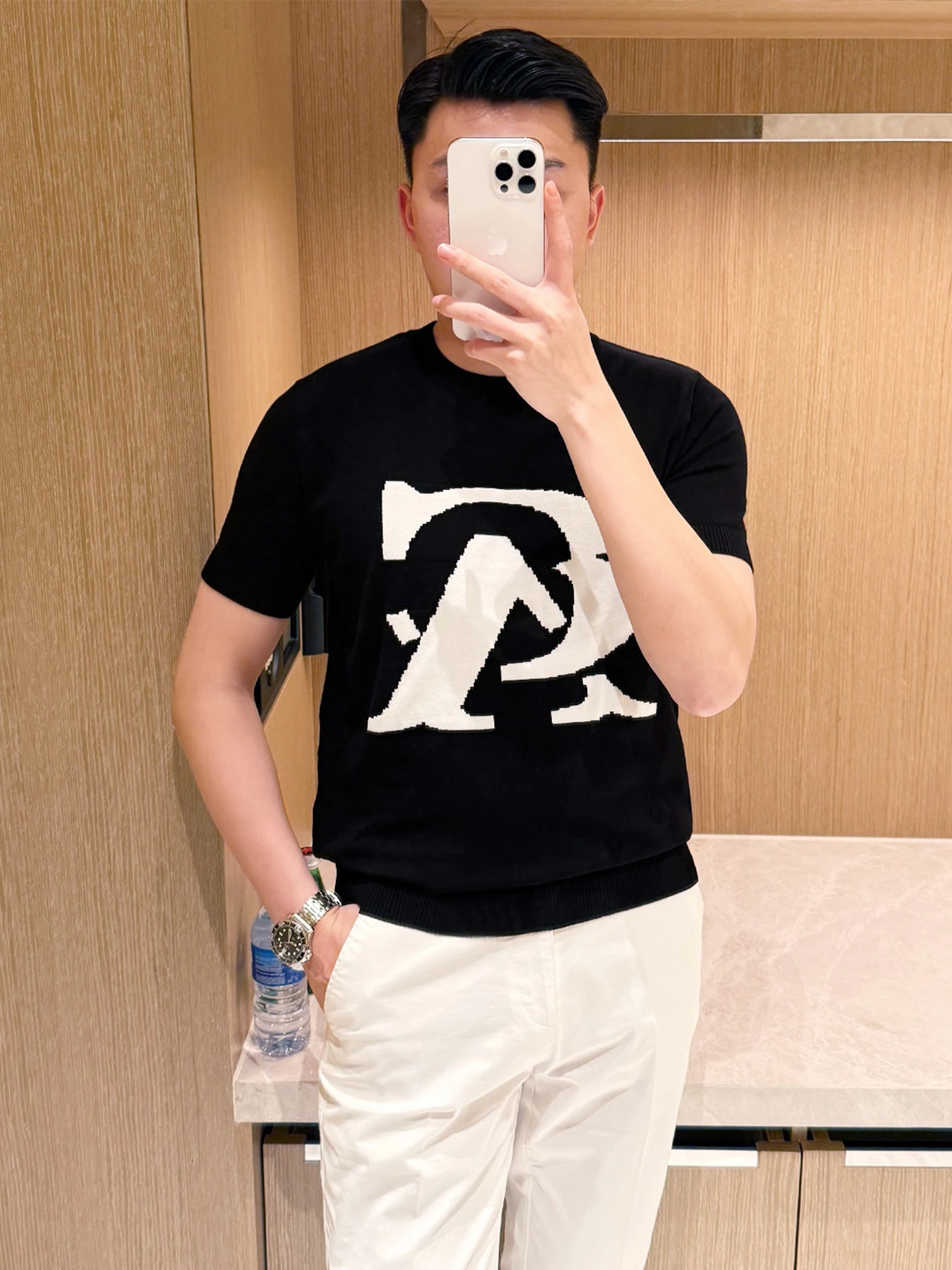 

Summer Faionable Bla ort Sve Knitted T-irt Men's round Ne Letter Print Slim Fit Casual Top Breathable Cool Sensa...