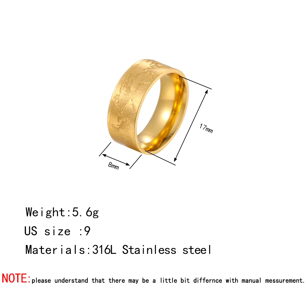 Kinitial Trendy Stainless Steel World Map Punk Band Ring For Men Rock Travellers Engagement Jewelry Accessories Gift
