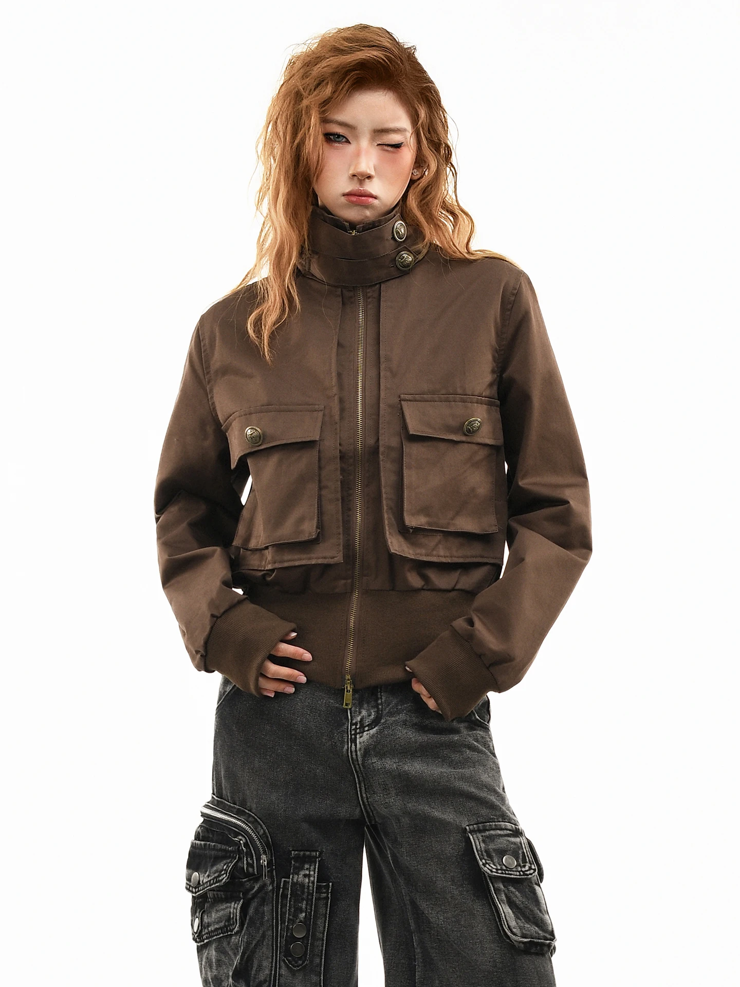 

OV Original American Retro Workwear Jaet Women's ort Sle Slimming Stand Collar with Big kets Spring Faion