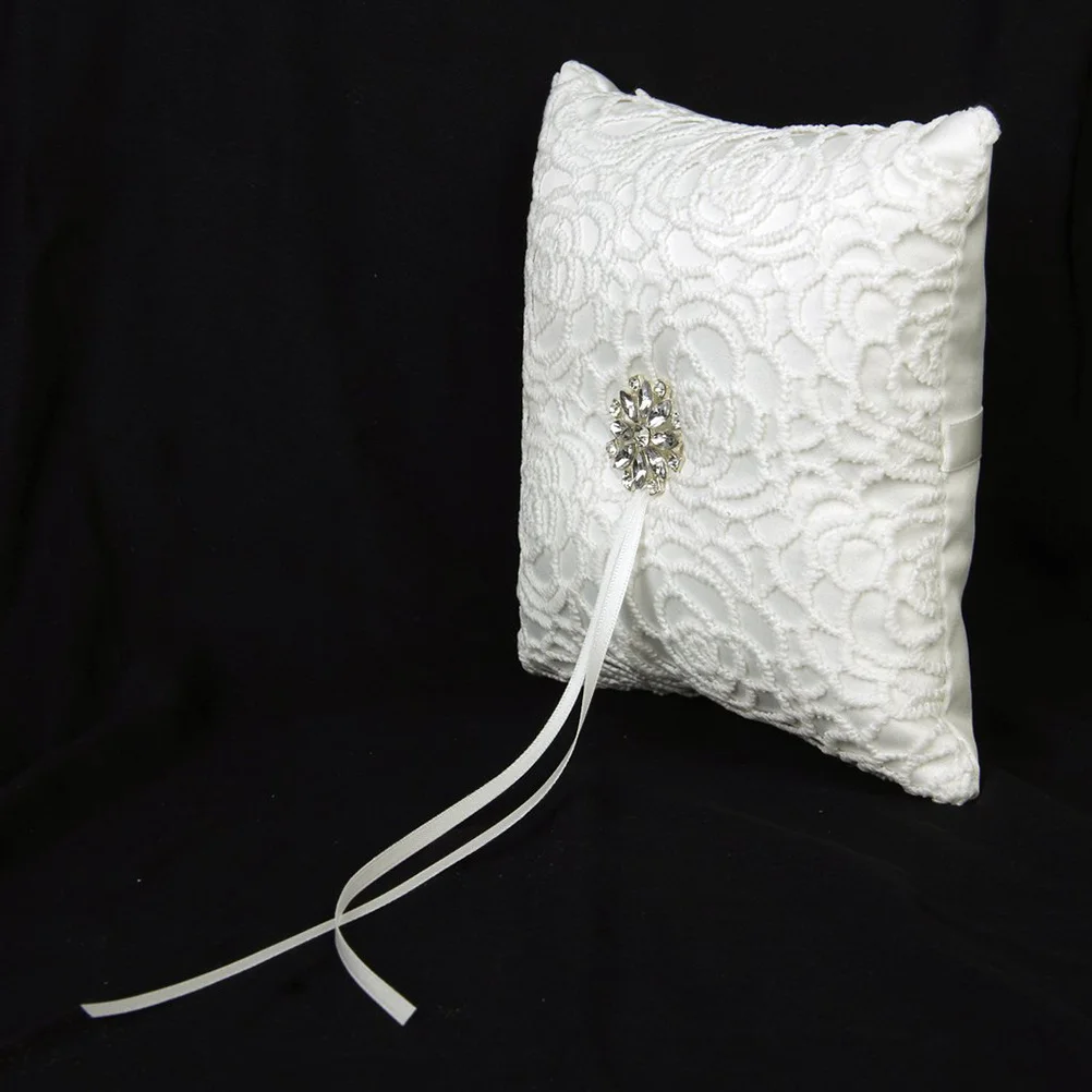 

Milk Silk Ring Pillow 15X15Cm White Satin Rhinestone Ribbon Wedding Ring Bearer Cushion For Bridal Party Page Boy Floral