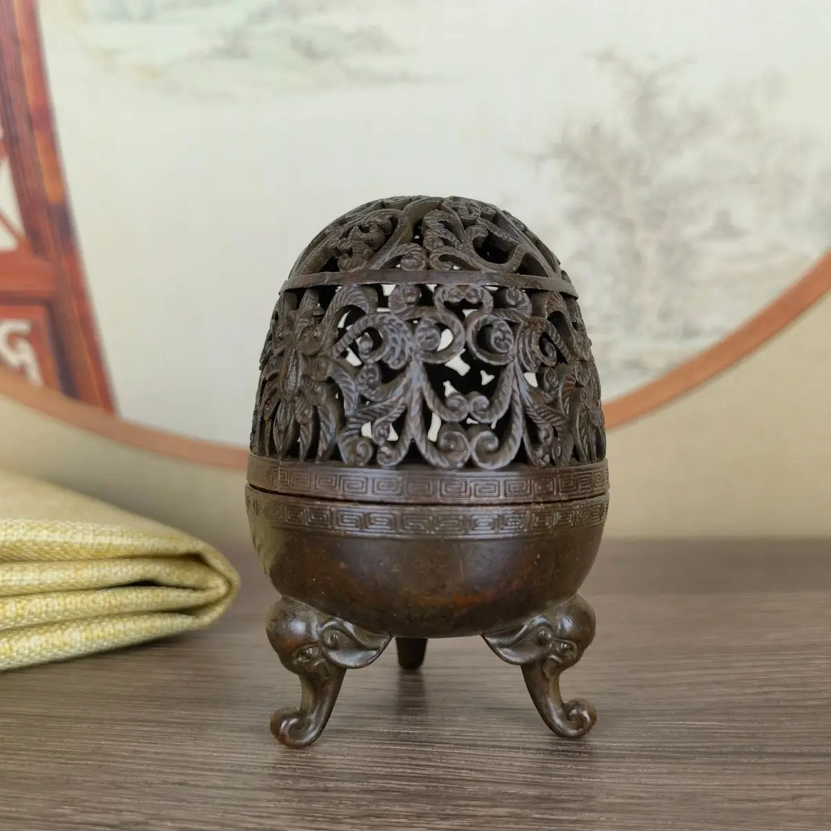 Chinese antique Qianlong period vintage bronze ware ancient bronze elephant head three-legged incense burner ornaments