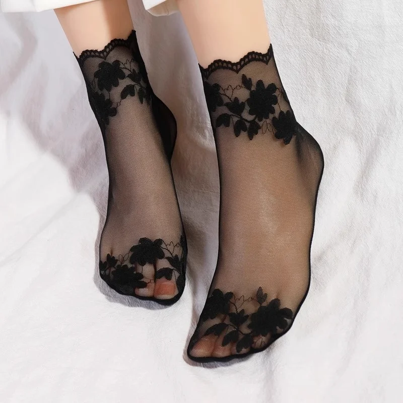 Women Summer Thin Lace Trim Short Shoe Insoles Cotton Sole Breathable Mesh Ankle Shoe Insoles Solid Color Spring Autumn