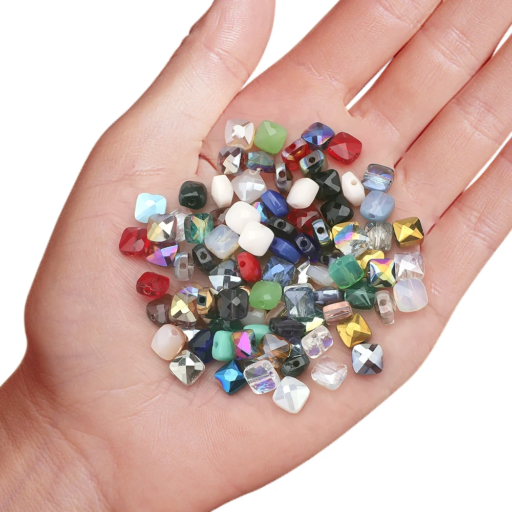 50Pcs 6mm Austrian Crystal Cube Beads Flat Square Shape Glass Loose Beads for Jewelry DIY Making Bracelet Earing Accessories