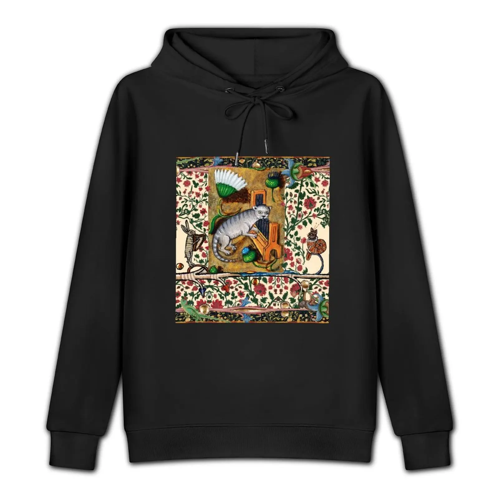 WEIRD MEDIEVAL BESTIARY MAKING MUSIC,Cat Playing Organ,Harpist Rabbit,Snail Cat Pullover Hoodie men clothes men's hoodies