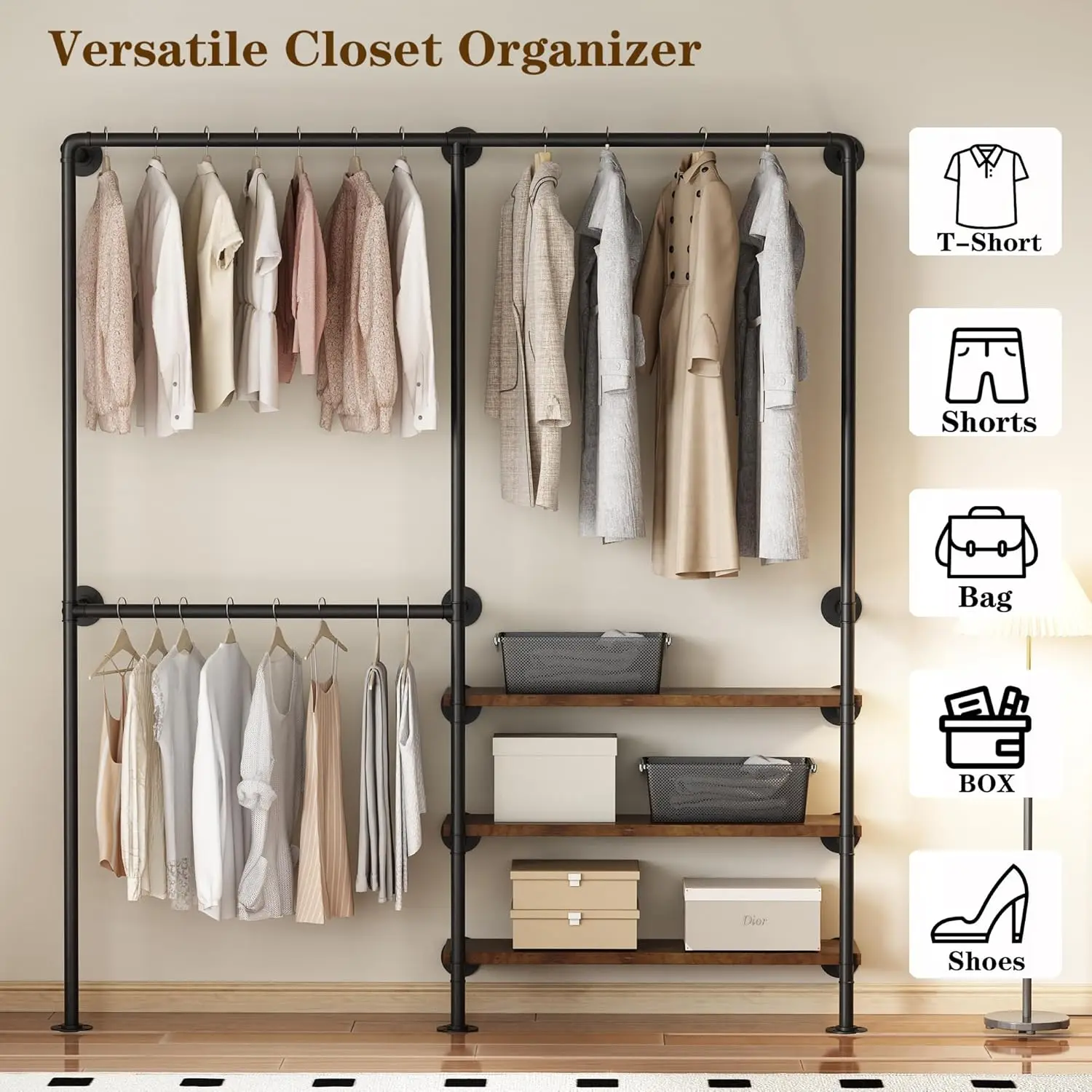 70.8 Inch Black Wall Mounted Industrial Pipe Garment Rack with Storage Shelves, Heavy Duty Multi-Purpose Wardrobe Clothes Hanging Closet Organizer view 3