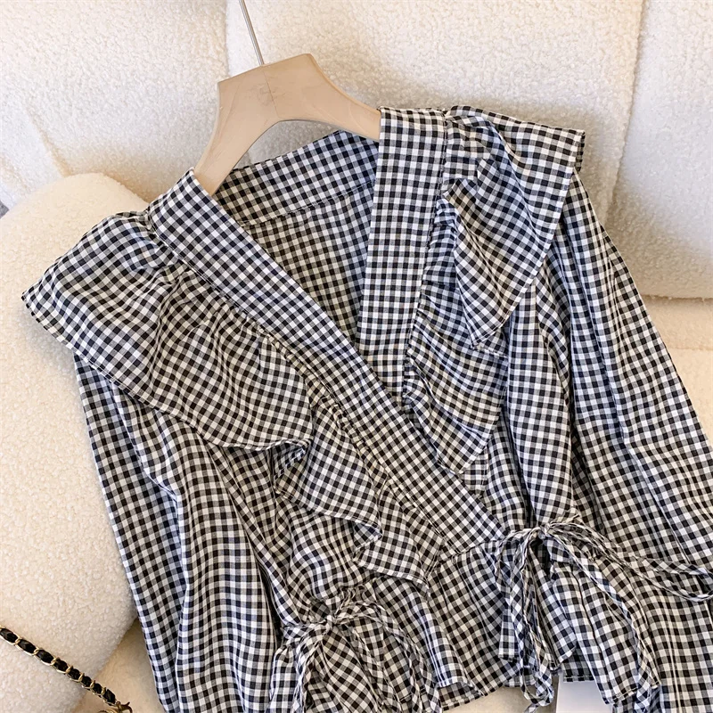 Korean Blouse Women Vintage Ruffles Long Sleeve Drawstring Shirts Slim Waist Sweet Crop Tops Fashion Plaid Blouses Shirts