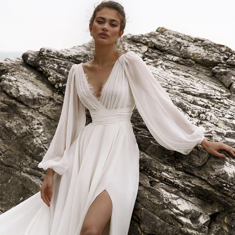 Robe de mariée bohème à manches bouffantes et col en V, robes de mariée de plage, ligne A, haute fente, mariage, soirée, Rh, quelle que soit la taille personnalisée, 2023