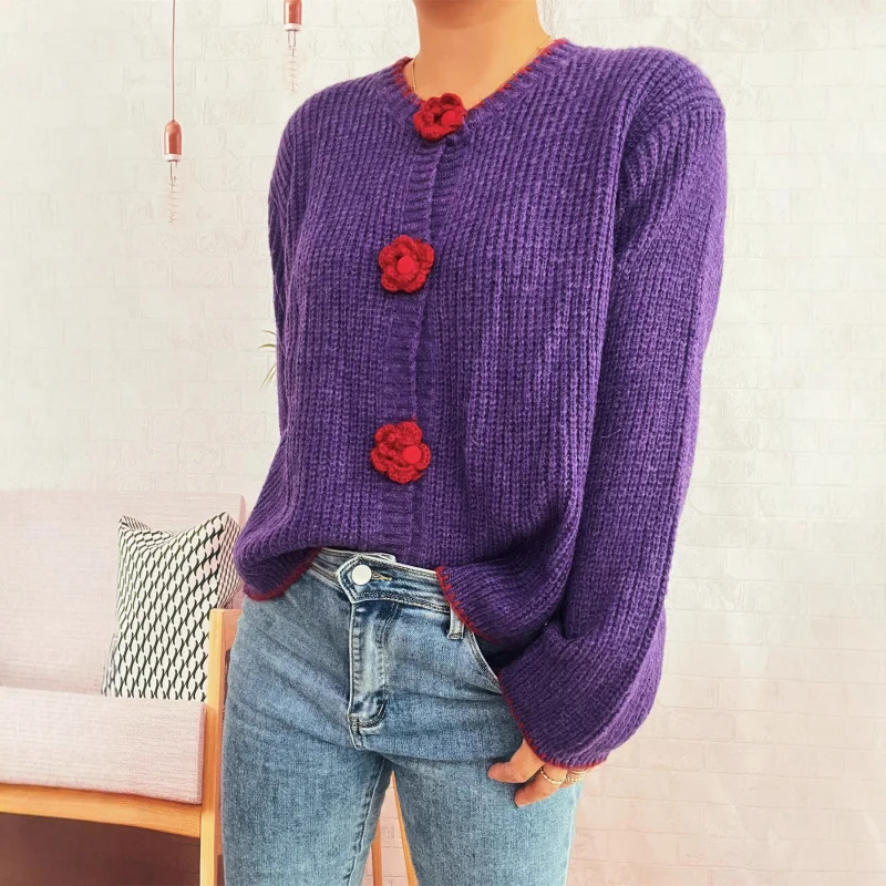 

Осенне-зимний простой свитер с милыми цветочными пуговицами на день Святого Валентина, дорожный кардиган, пальто