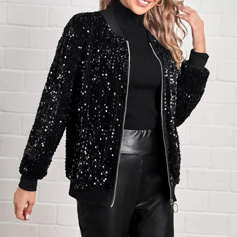 Veste de Baseball à Paillettes Brillantes pour Femme, Cardigan Chic à Col Rond, Manches sulf, Fermeture Éclair, Haut Décontracté, Polyvalent, Solide, Document, Mode de Rue