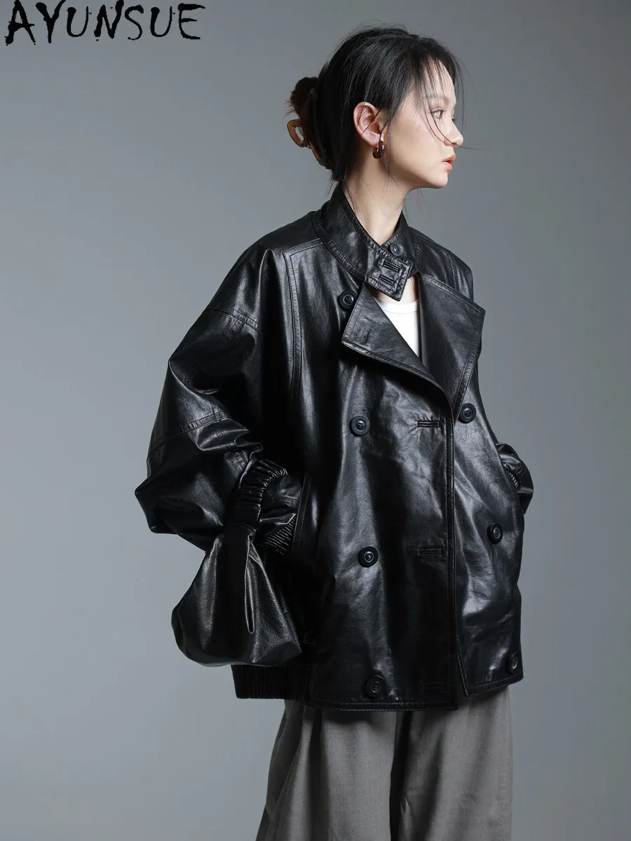 AYUNSUE Real Leather Jacket Women Autumn Clothes Little Lamb Leather Coat Woman Mid-length Trench Coats Oil Wax Jaqueta Couro