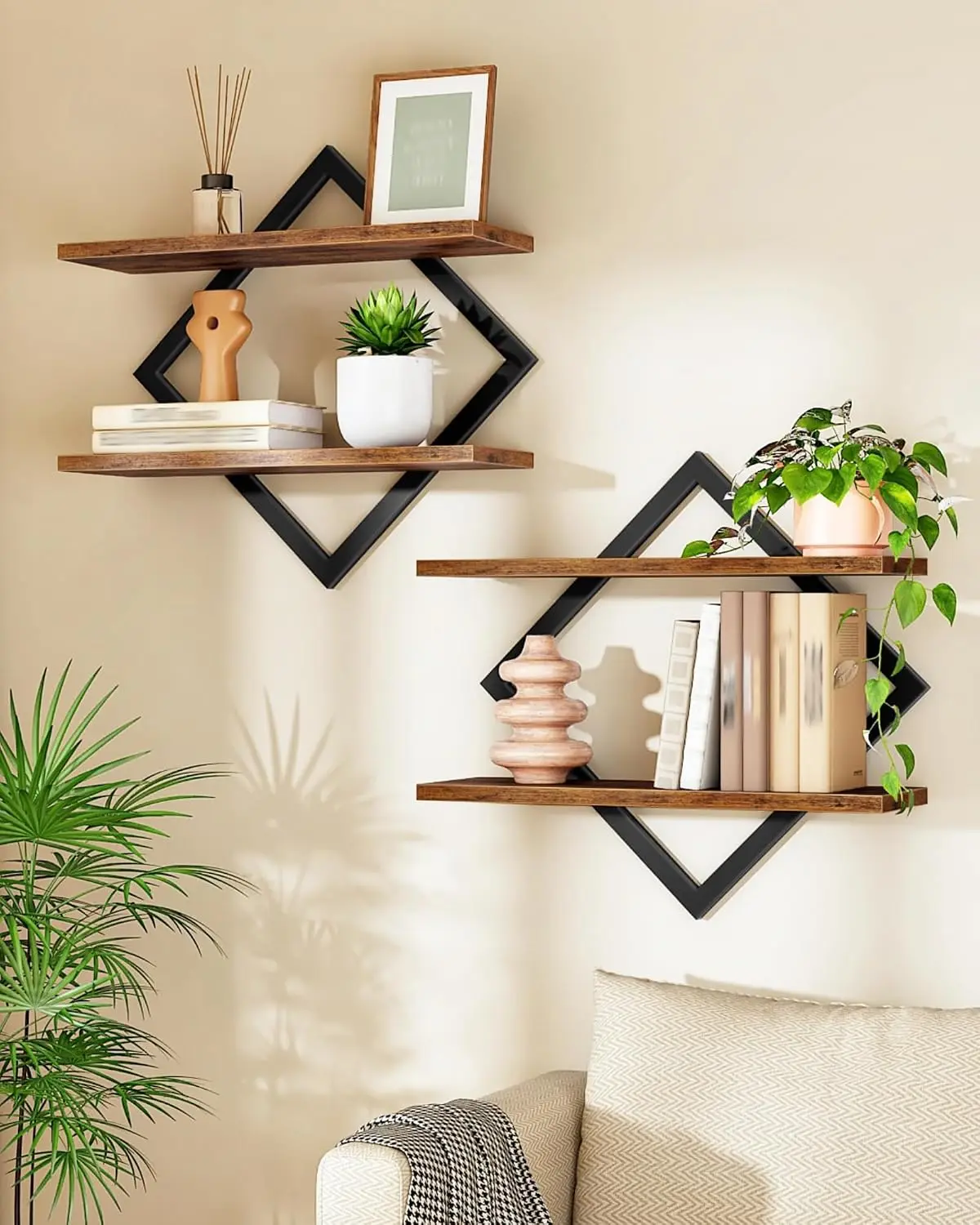 Set of 2 Wall Shelves, 2-Tier Hanging Shelves, Wall Mounted Shelves, for Living Room, Bedroom, Kitchen, Office, Study