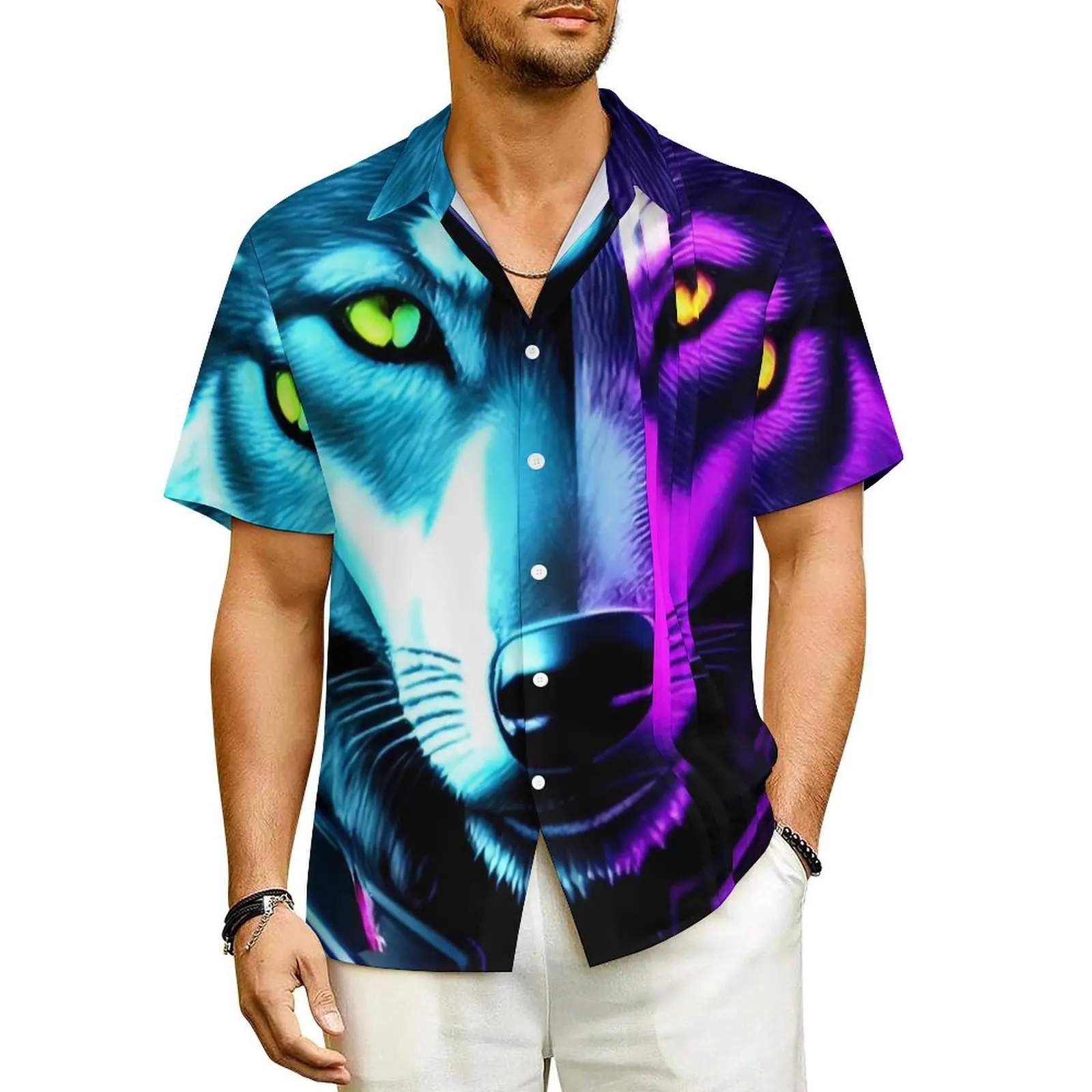 

Summer Shirt Vacation Cyber Wolf Neon Blouses Funny Animal Vintage Casual Shirts Men Short Sleeve Stylish Oversized Clothing