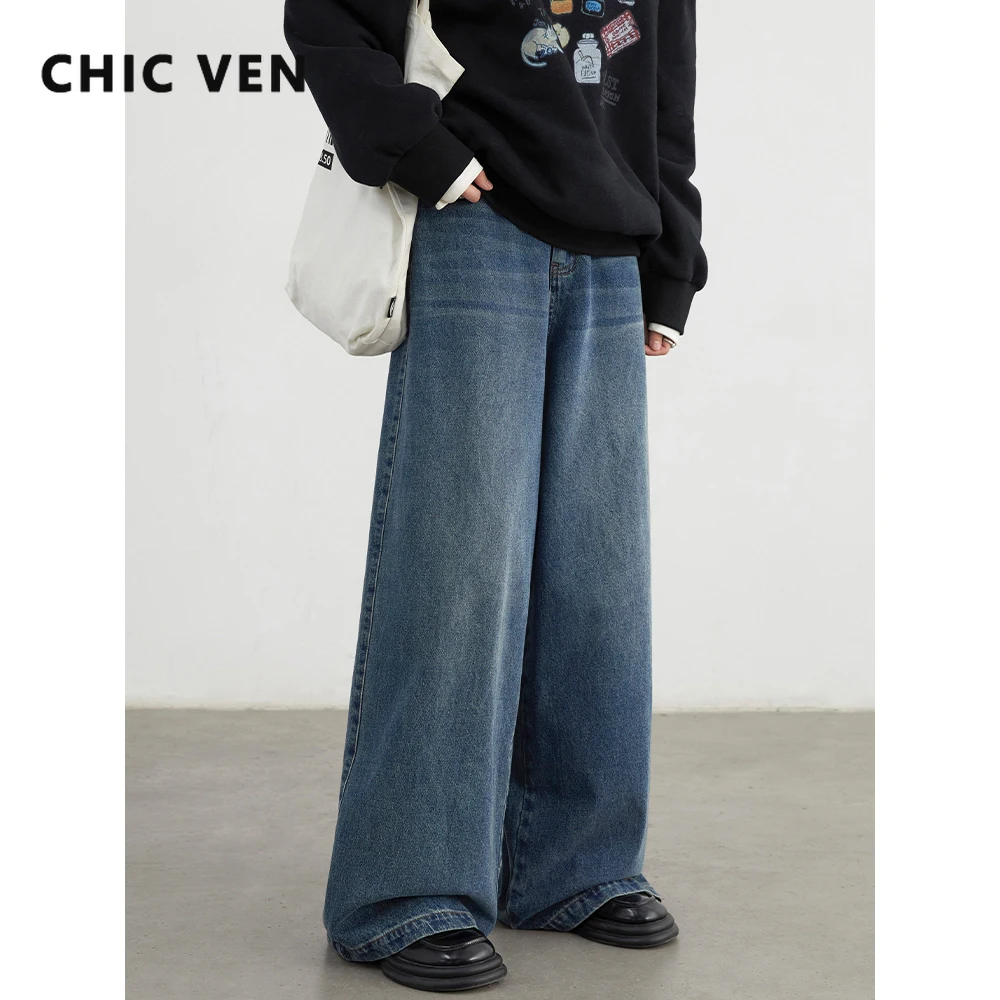 

CHIC VEN Women Jeans Fashion Casual Loose High Waisted Wide Leg Denim Pants Female Blue Distressed Trousers Spring Autumn 2024