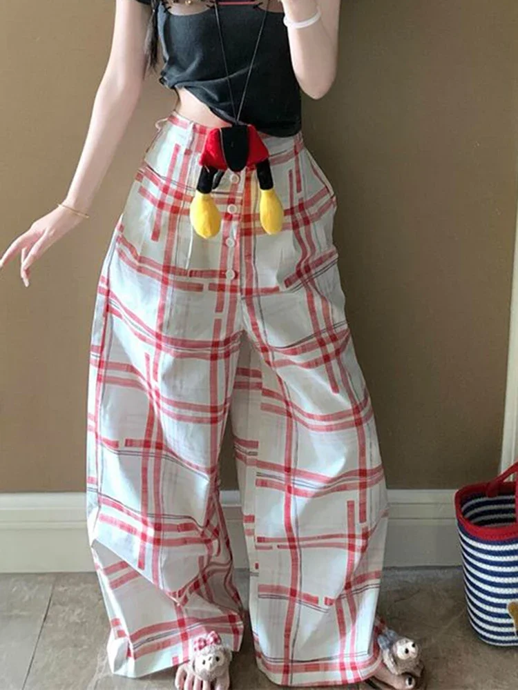 

Американские ретро-брюки для женщин: красные в клетку, широкие, летние, модные, уличный стиль, с низкой талией, прямые, свободные, повседневные, на пуговицах, длинные