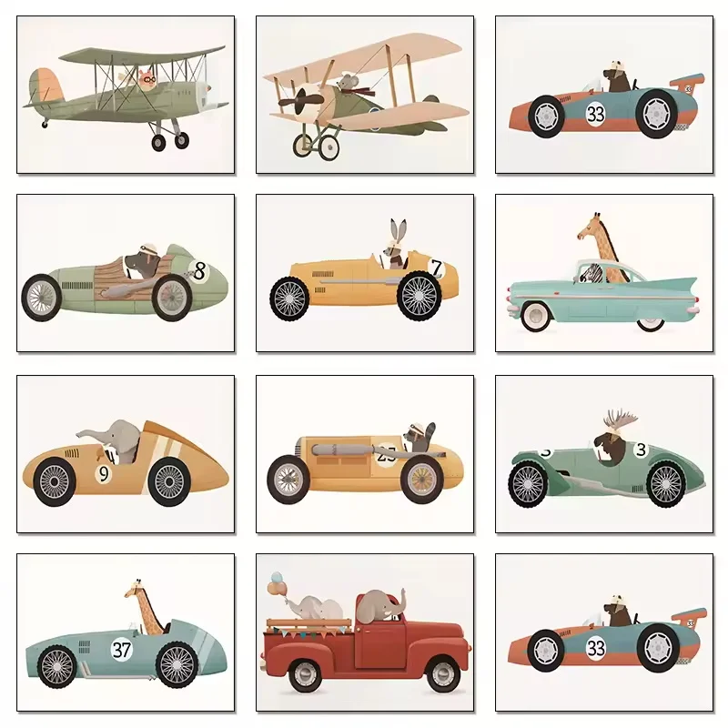 

Zebra Giraffe Cartoon Animals on Cars Poster Abstract Wall Art Canvas Painting Nursery Picture for Living Room Decor