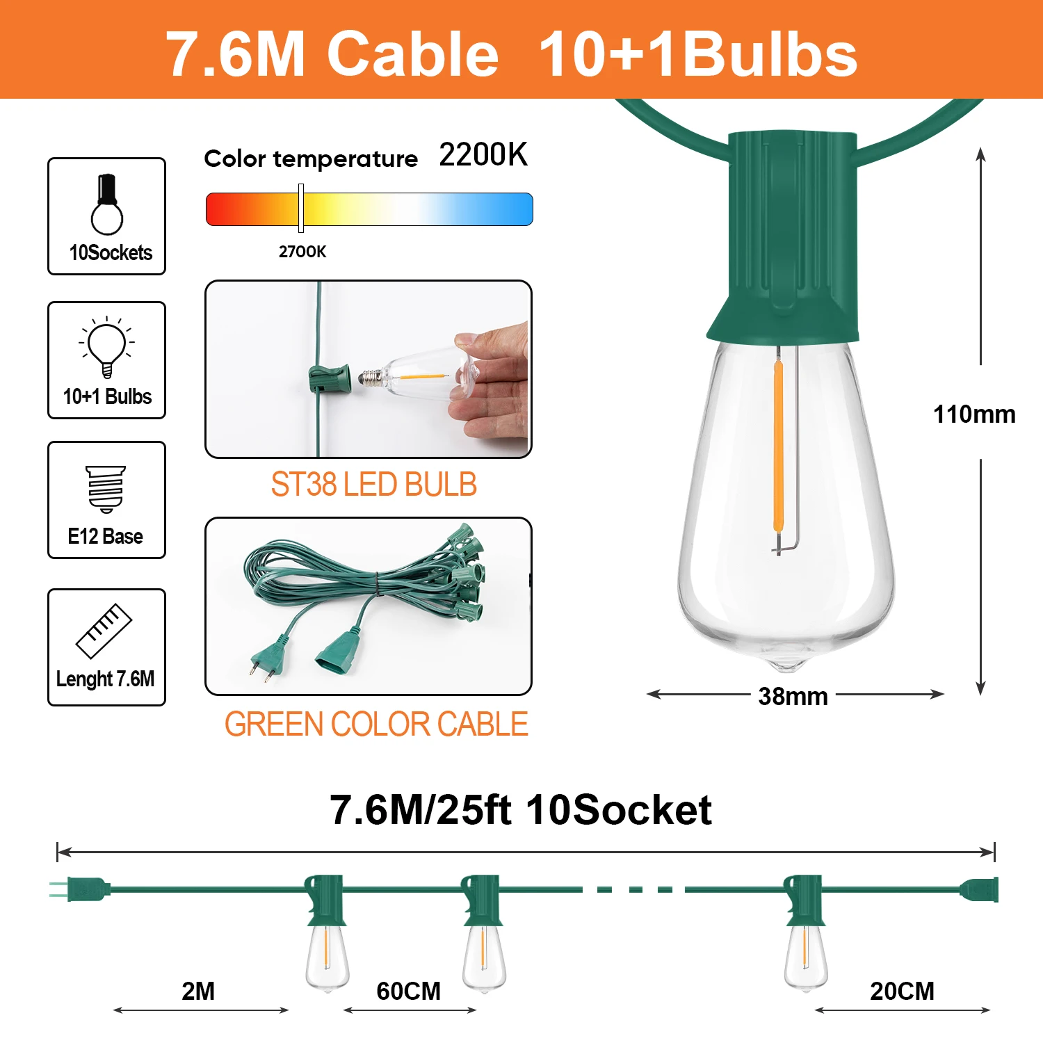 Imagem -04 - Plástico Impermeável Led String Luz Lâmpadas de Substituição Shatterproof Guirlanda ao ar Livre Conetável Garden Party Decorações St38 E12