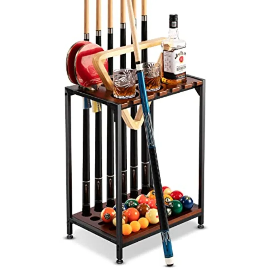 

Billiards Pool Stick Holder - Pool Cue Rack Floor Stand and Ping Pong Paddle Holder Hardwood Pool Cue Holder for 12 Cues Sticks
