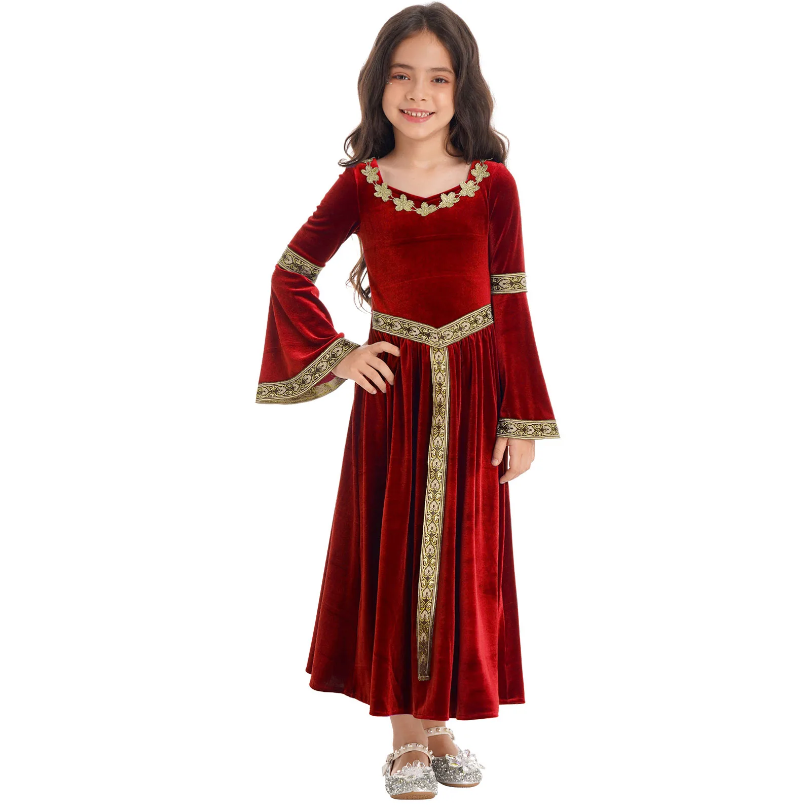 Costume de cosplay de la Renaissance médiévale pour enfants, robe d'Halloween pour filles, robe à manches évasées en velours, robe de soirée à thème victorien, habillage