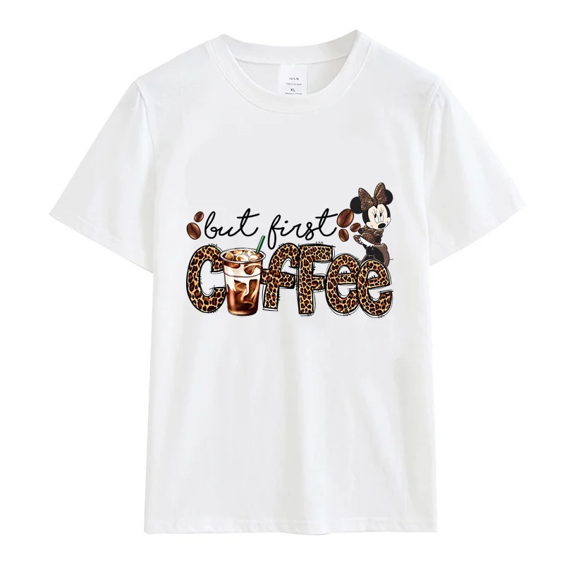 Minnie Mouse Coffee Graphic Leopard Love Women T-Shirt Cotton Fashion Short Sleeve T Shirt Ladies Print Clothes Casual Female