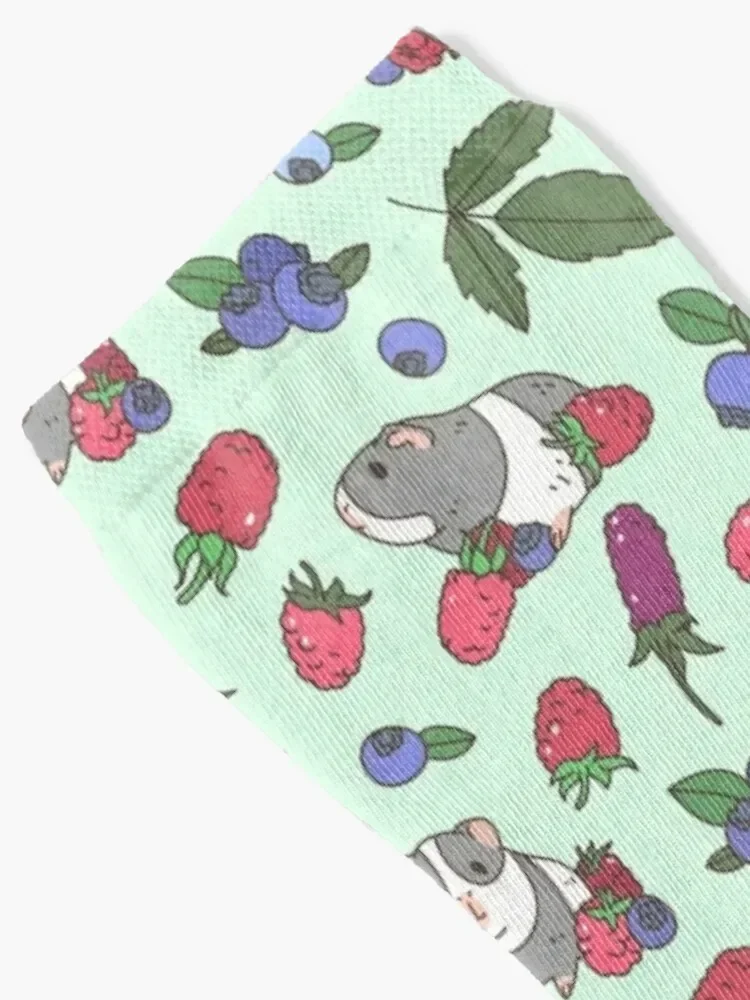 Gray Guinea pig, raspberries and blueberries pattern in mint background Socks FASHION gift Socks For Men Women's