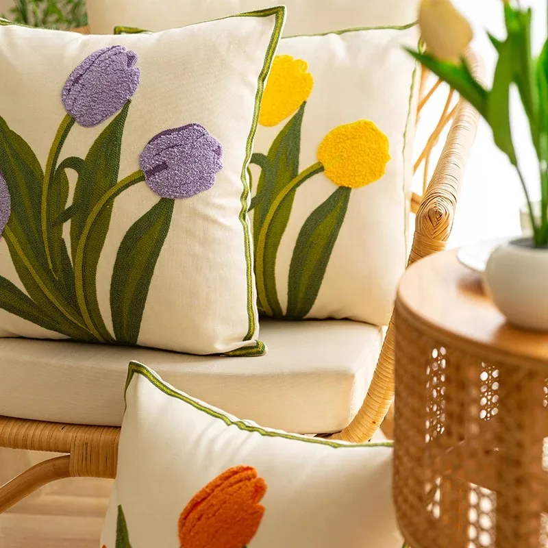 Embroidered Tulip Cotton Pillow Cover 5