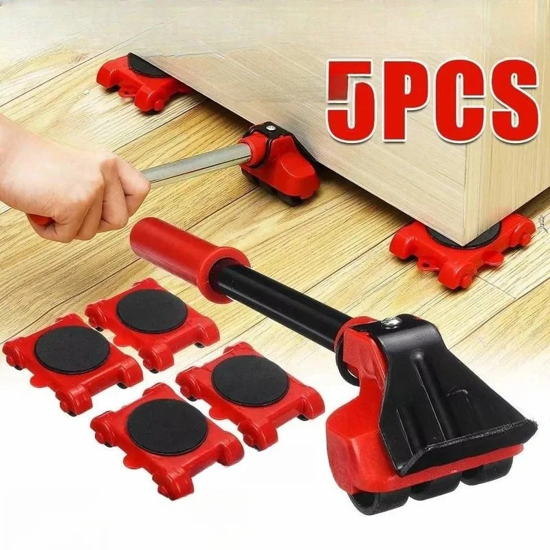 Heavy Duty Furniture Movers Set with 4 Moving Rollers and 1 Lifting Lever Tool Kit for Easy Relocation of Sofas Beds