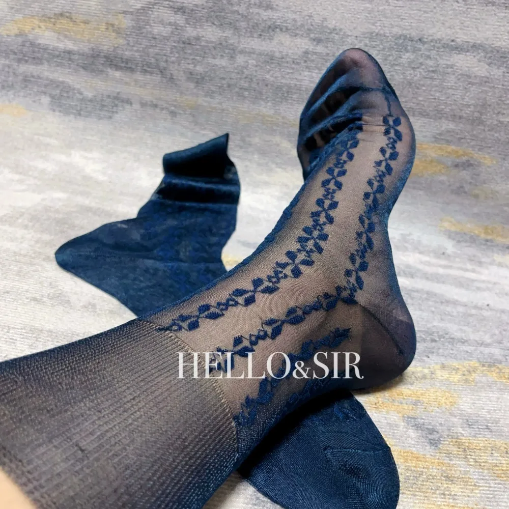 2025 Blue Jacquard Tube Socks for Men Sexy Exotic Ultrathin Transparent Man Sheer Socks Gift for Man Business Formal Dress Socks