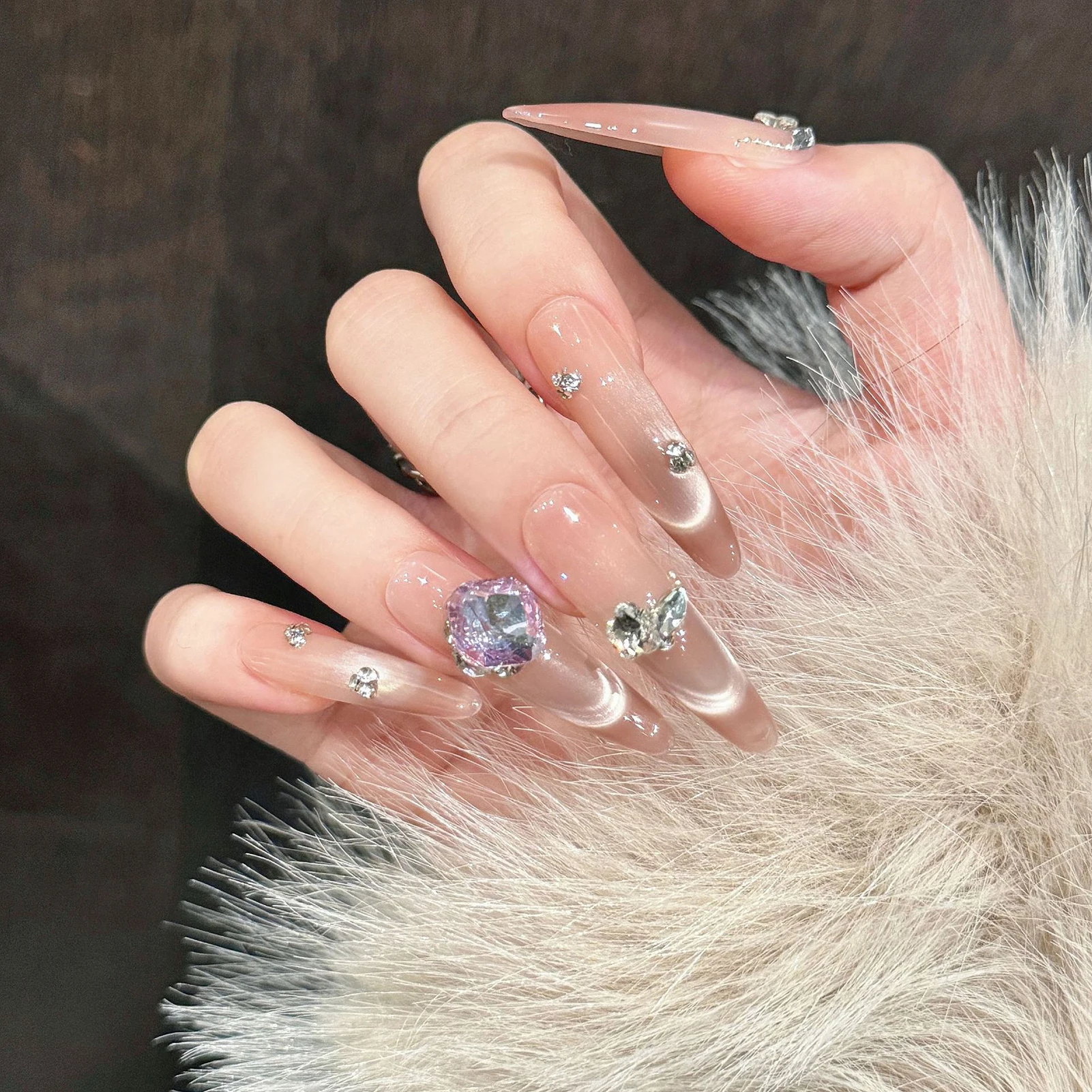 10 Stück künstliche Nägel mit Katzenaugen und Strass-Dekor, glänzende lange Mandel-Kunstnägel, DIY-Maniküre für Frauen und Mädchen