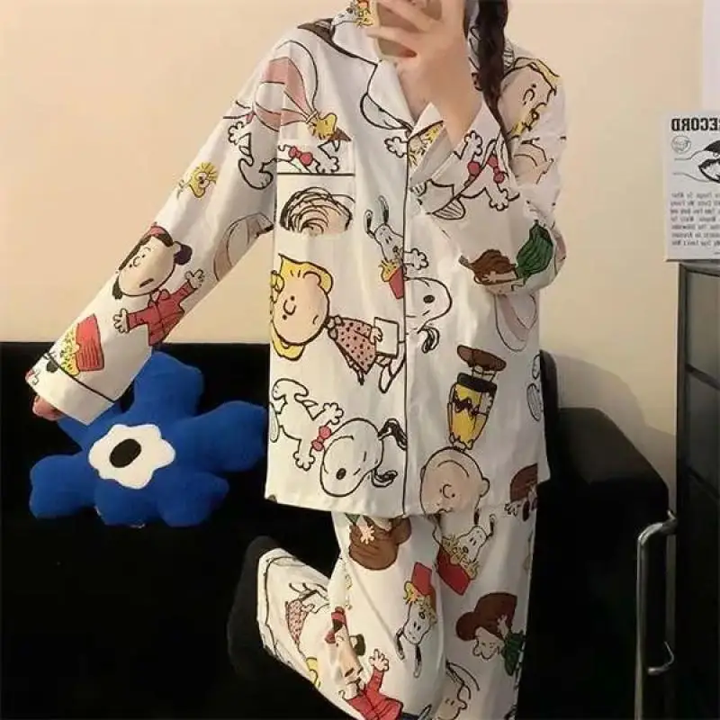 Anime Snoopy Pajamas Student Dormitory Home Clothes Set Cartoon Snoopy Long Sleeves Pajamas Loose Comfortable Leisure Clothes