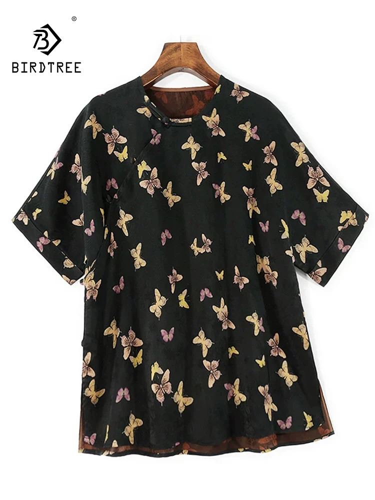

BirdTree-32MM Watered Gauze Silk Elegant Shirt, Women Short Sleeve Jacquard, Retro Versatile Loose Blouse, 2025 Summer T56831CC