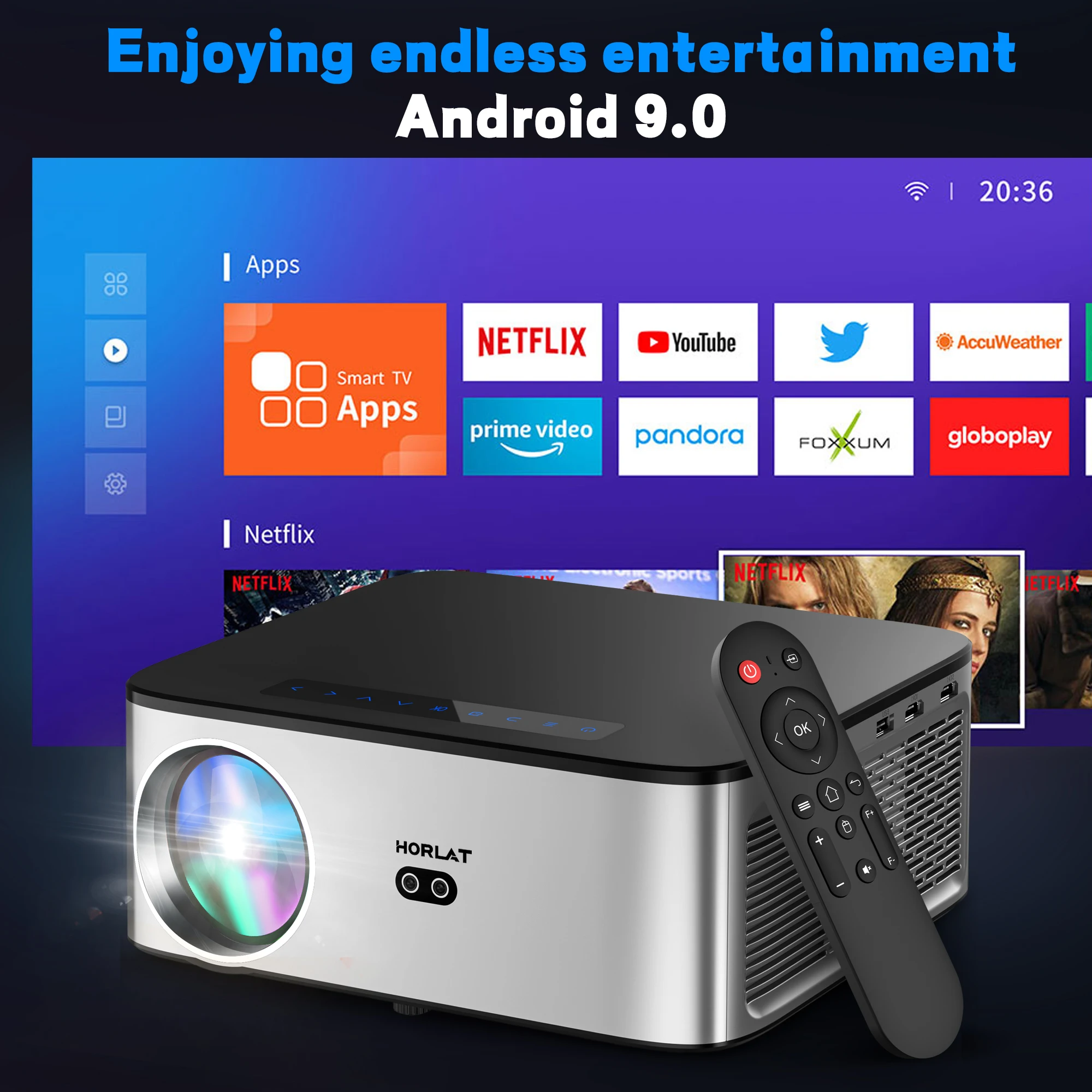 

HORLAT Projector 4K 1080P Native 20000Lumens 800ANSI Android 9.0 Dual Band Wifi 6 Projector Office Home Theater Beamer Proyector