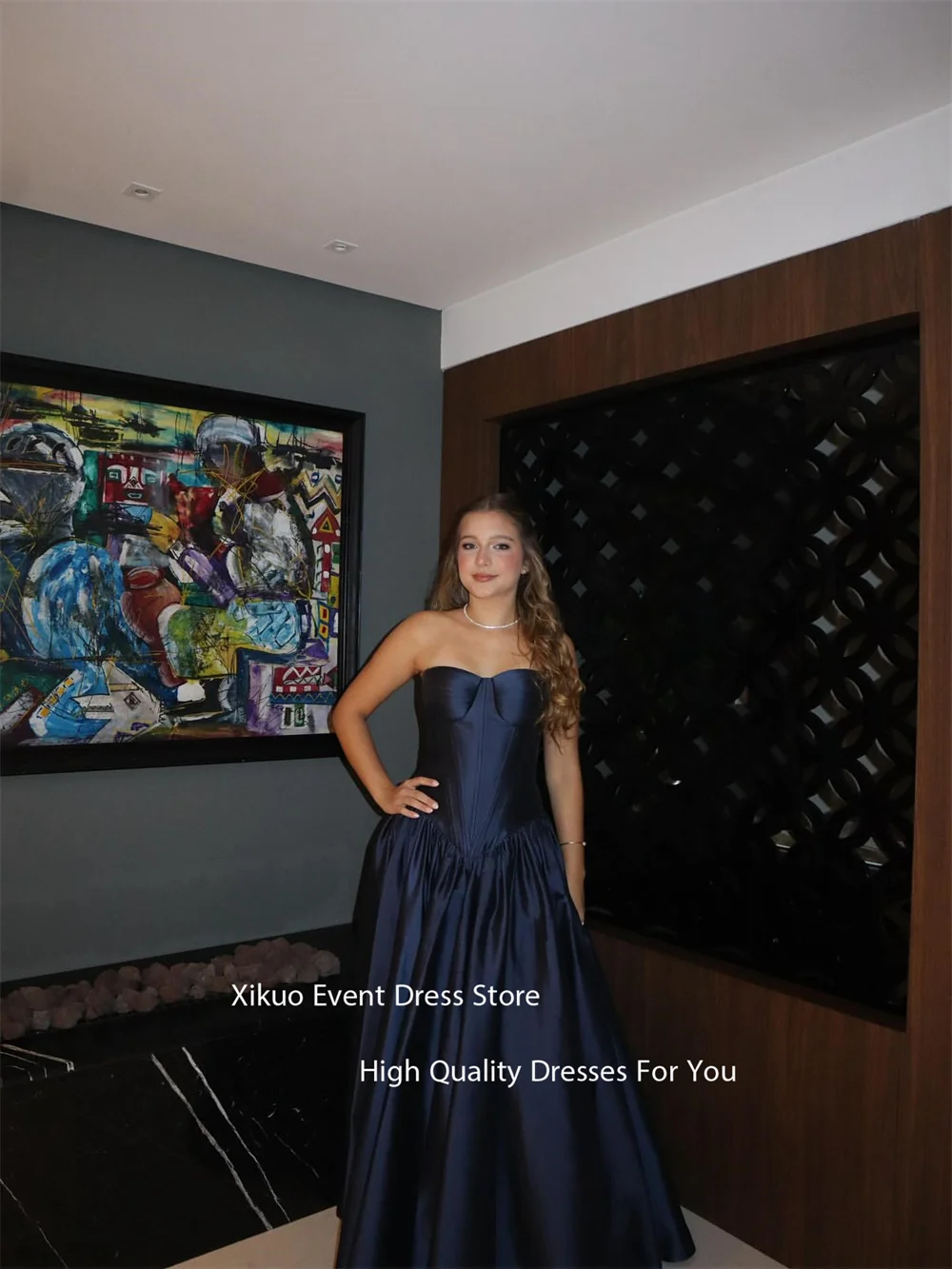 Xikuo azul marinho vestido de noite até o chão uma linha sem alças elegante vestido de festa de casamento vestido de baile vintage personalizado