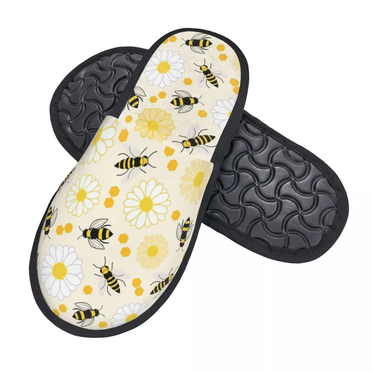 Custom Black Honey Bees Flowers Memory Foam Slippers Women Comfy Warm House Slippers