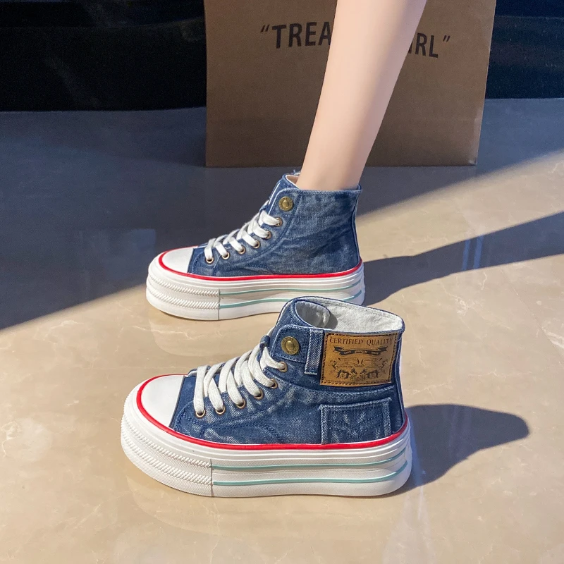 Thick-soled High-top Canvas Shoes Women 2024 New Tall Autumn Style Personality Hollow Denim Trend Sneakers Girls Platform Shoes