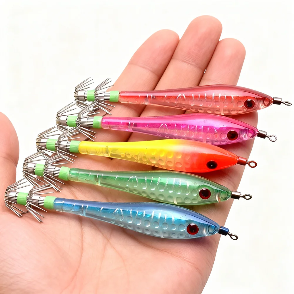 

New Night Glow Squid Hooks Rocket Squid Double Umbrella Hooks Size 4 Wooden Shrimp Glow Rocket Squid Hooks Blow Tube