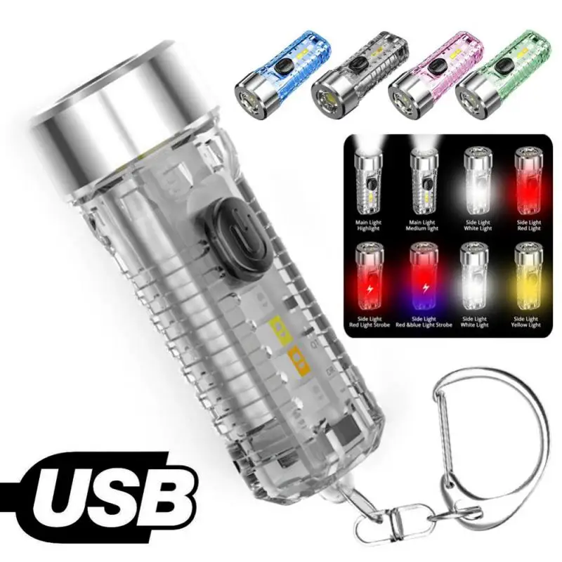 Mini Torches LED Flashlight Portable Pocket Keychain Light USB Charging Multi-function Fluorescent Outdoor Warning Camping Light