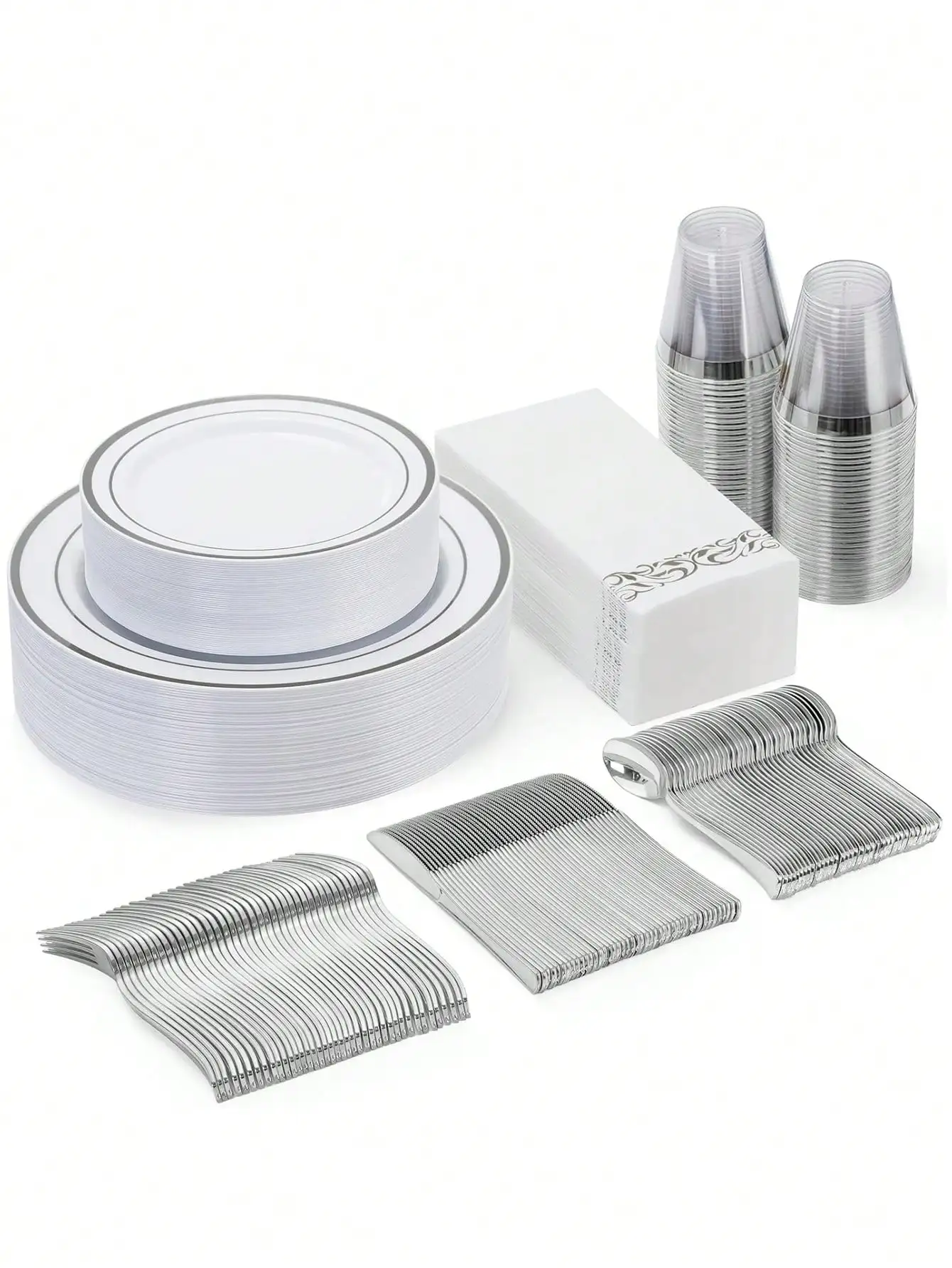 

silverDinnerware Set birthday party disposable tableware plates cupknives forks spoons napkins tablecloth party wedding supplies