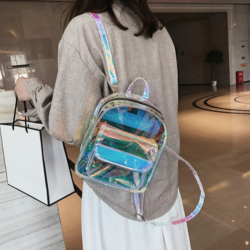 Mochila transparente de PVC para mujer, bolsa Ita Harajuku, escolar, Kawaii, holográfica