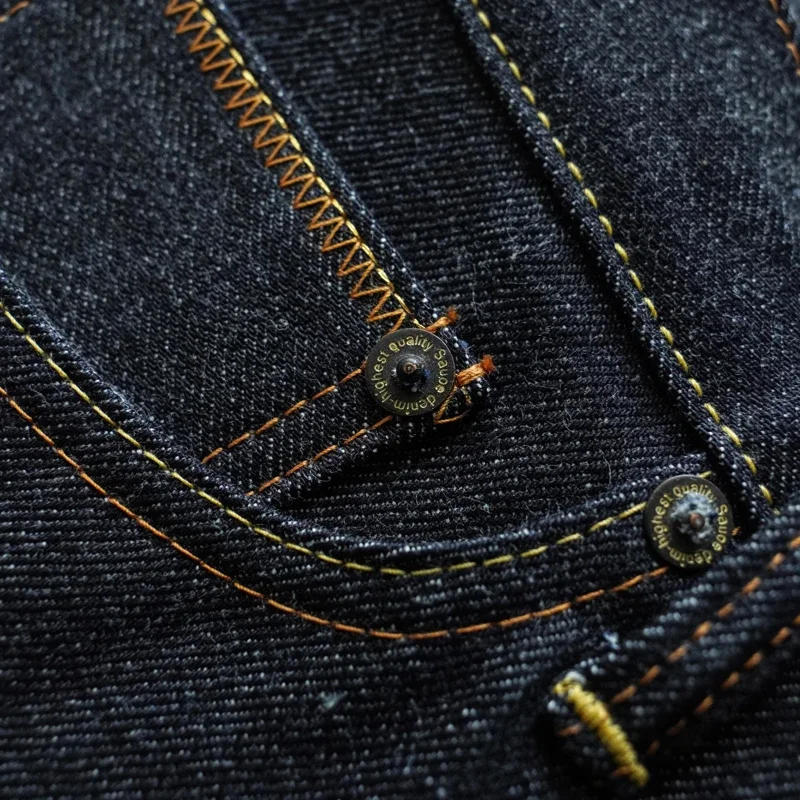 SAUCE ORIGIN 1A915-AG Mans Jeans Selvedge Denim Jeans for Man Silver Button Taper Fit Handmade 15 Oz