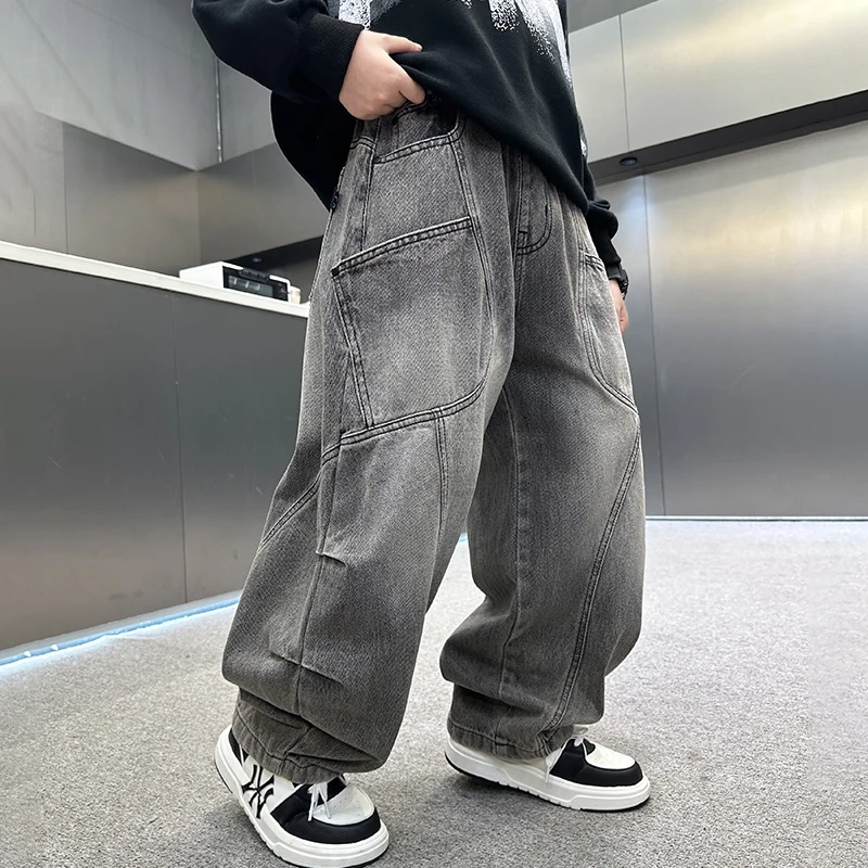New Autumn Children Relaxed Fit Embossed Jeans For Boys Gray Washed Denim Pants Kids Loose Causal Baggy Jeans Trousers Age 5-14Y