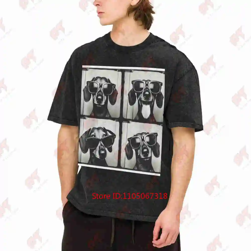 Dachshund Rocking Cool Fashion Glasses Vintage Washed Tee Pure Cotton T-Shirt