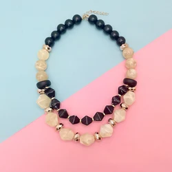 Unique Double Layer Irregular Acrylic Bead Necklace for Women Stylish Handmade Beaded Wood Statement Necklace Chic Jewelry Gifts