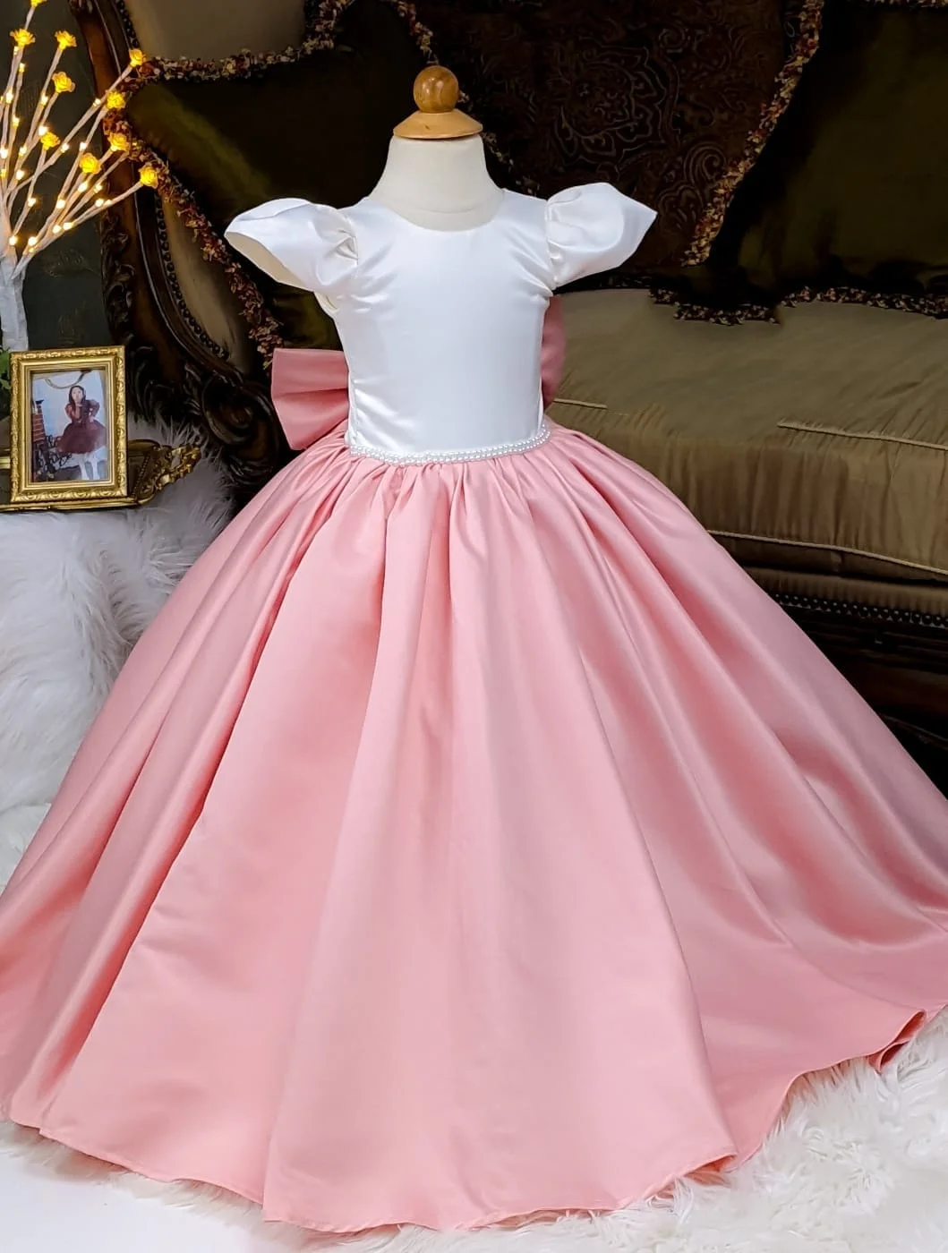 

Quality White with Pink Flower Girl Dress for Wedding Floor Length Princess First Communion Bow Back Birthday Evening Ball Gowns