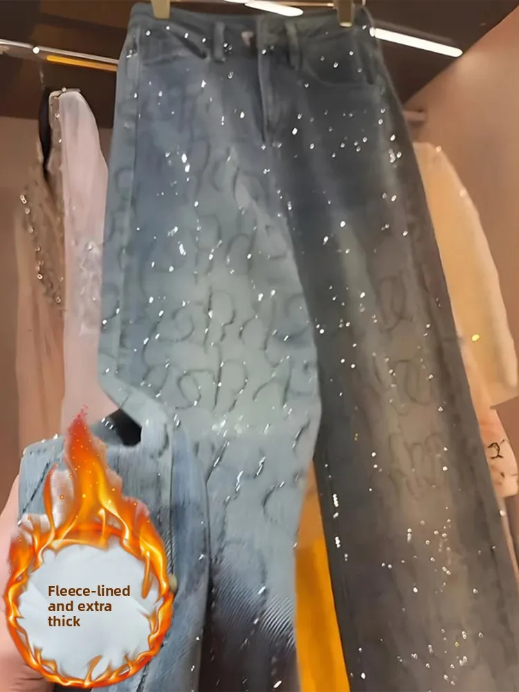 

Ele Blue Fce Lined Thiened Rhinestone Женские джинсы с высокой талией Прямые брюки для похудения Agel Spring Faion