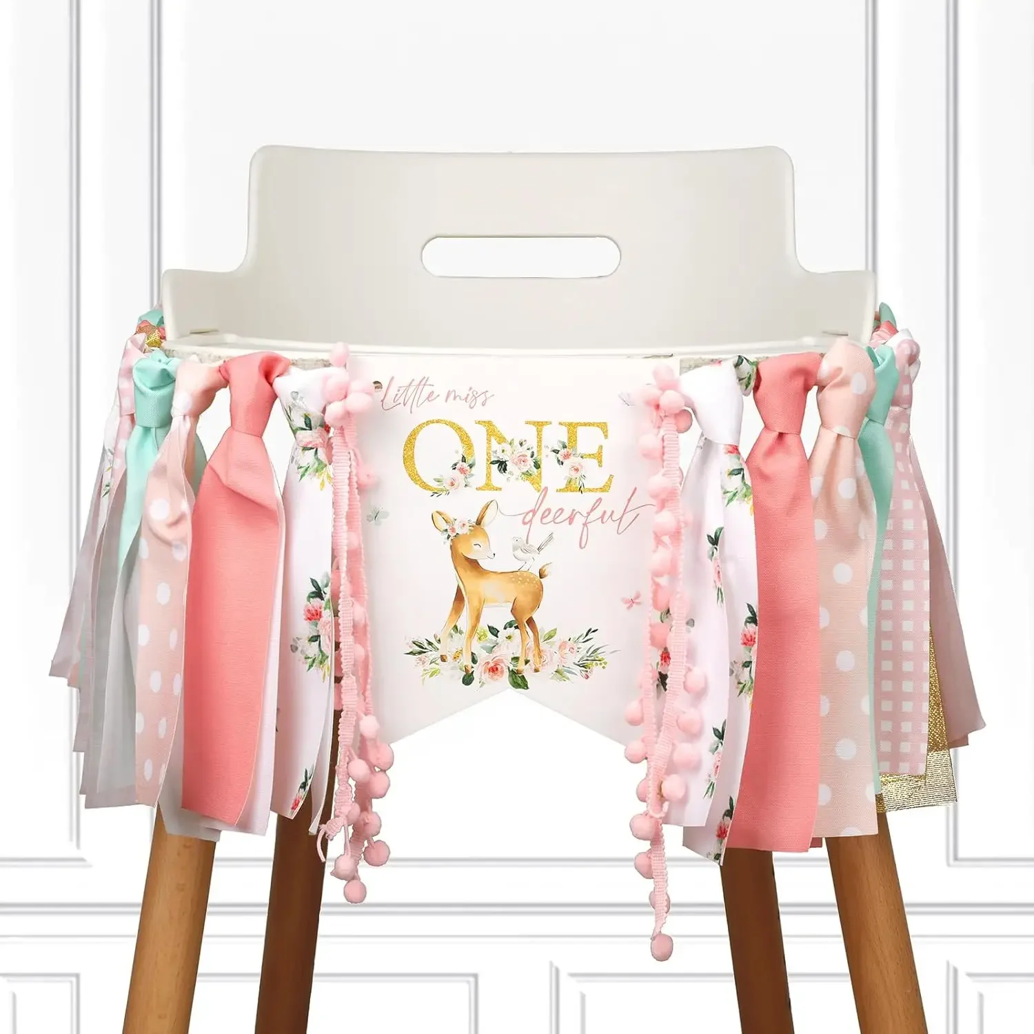 One Deer Full High Chair Banner, Pink Flower, Little Miss One, 1st Birthday Banner, Woodland Party Decor